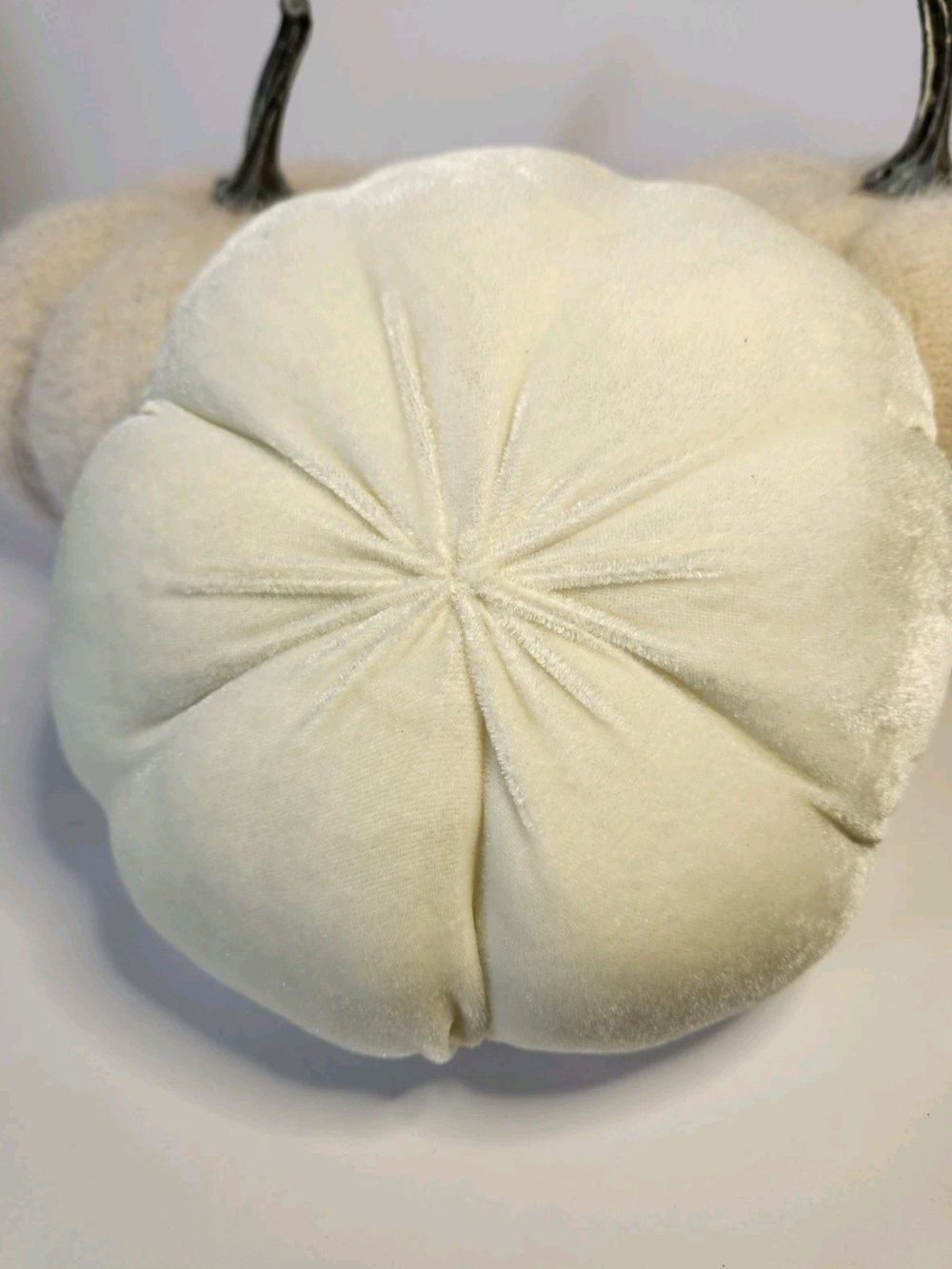Cream Velvet And Knit Decorative Pumpkins with Stems - Grateful Tag - Picture 8 of 9